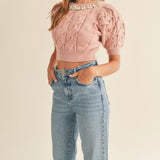 Evening Out, Pearl & Rhinestone Cable Knit Crop Sweater