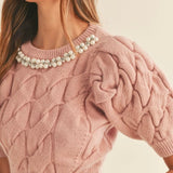 Evening Out, Pearl & Rhinestone Cable Knit Crop Sweater